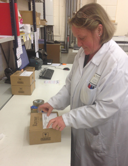 Julie Pope gets an IOL order ready for shipment